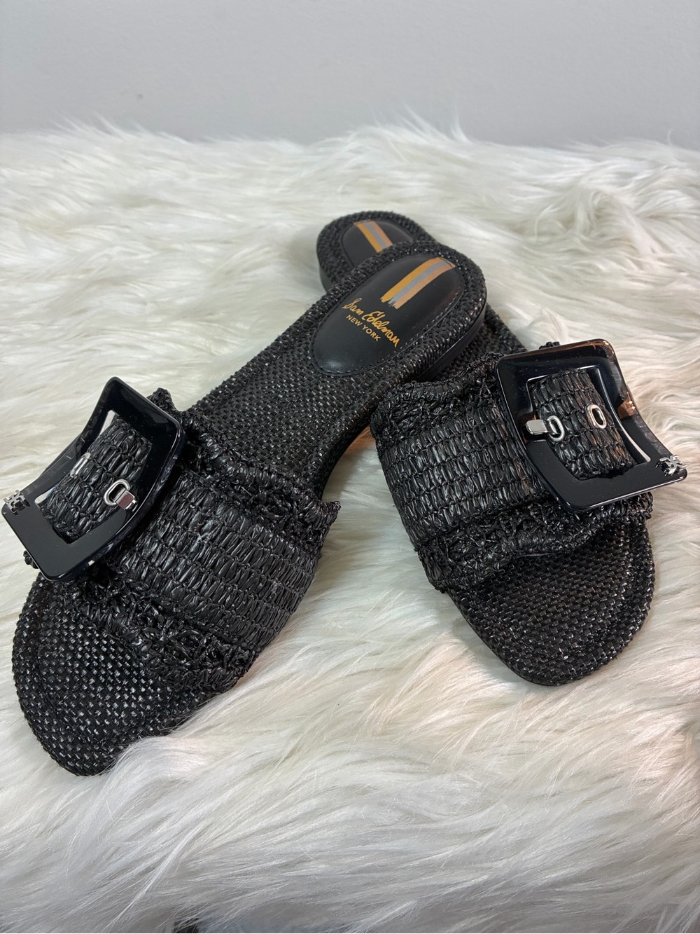 Sam Edelman Black Woven Buckle Slide Mules